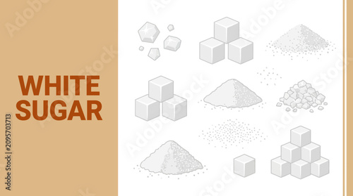 An illustration of various white sugar cubes and piles on a beige background
