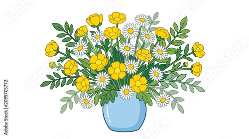 Tableau sur toile Colorful bouquet of yellow roses and white daisies in blue vase