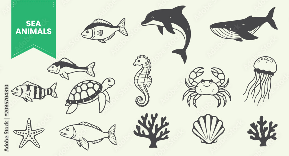 Obraz premium Sea Animals and Marine Life Line Art Icon Set, Ocean Underwater Creatures Elements, Dolphin, Whale, Sea Turtle, Crab, Seahorse, Jellyfish, Coral Reef, and Seashell Outline Vector Illustration