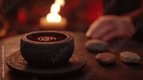 A carved bowl of dark powder with a spiral symbol rests on a matching plate beside a lit candle and stones in a warm, dimly lit ambiance.