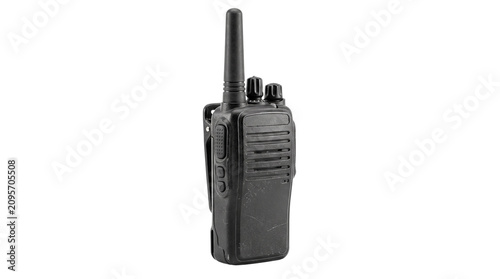 Black two way radio communication device with antenna.