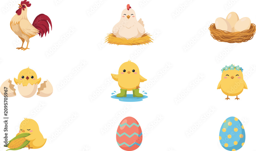 Obraz premium Cute Easter and Farm Chicken Vector Icon Set Featuring Roosters Hens Baby Chicks and Eggs for Festive Spring Holiday Graphic Designs and Illustrations