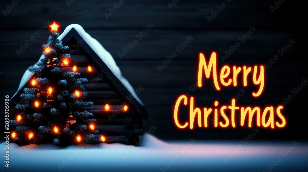 Fototapeta premium A snowy cabin with a glowing Christmas tree next to it, featuring a bright 