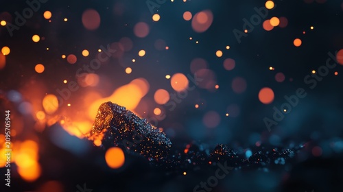 Close-up of glowing embers and sparks from hot coals in a dark setting, creating a warm, fiery atmosphere with bright orange and yellow hues.