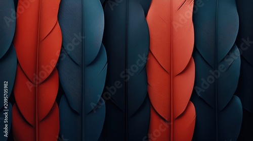 A close-up of vertically arranged overlapping feathers in deep blue and vibrant red, showcasing intricate textures and shadows.