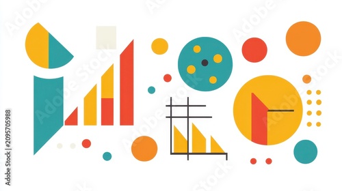 Colorful abstract geometric shapes, including circles, triangles, bars, and grids in teal, orange, yellow, and red, are arranged on a white background.