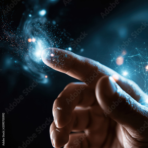 Human Fingertip Interacting With Holographic AI Interface