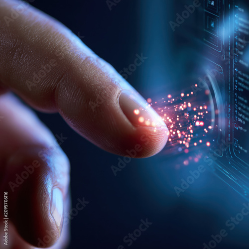 Human Fingertip Interacting With Holographic AI Interface