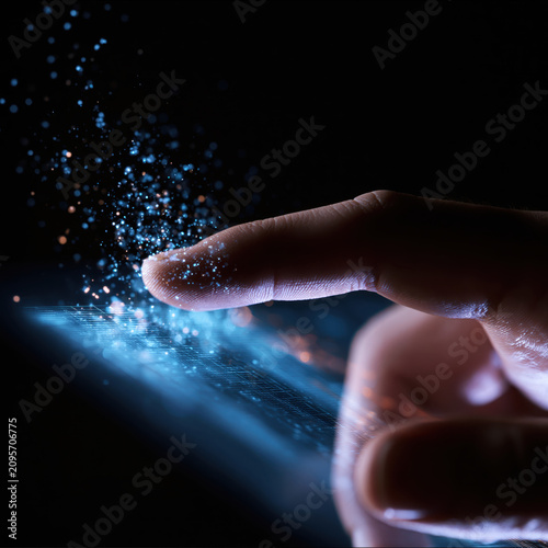 Human Fingertip Interacting With Holographic AI Interface