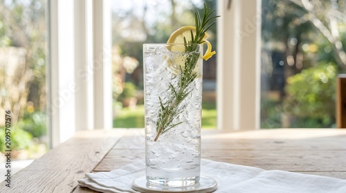 Sparkling gin and tonic with lemon slice and rosemary sprig in highball glass.