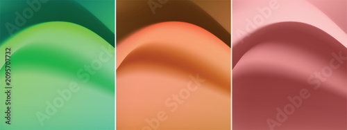 Obraz na płótnie Set of three abstract backgrounds featuring smooth, flowing liquid waves in vibrant green, warm earth-tone orange, and soft red gradient colors
