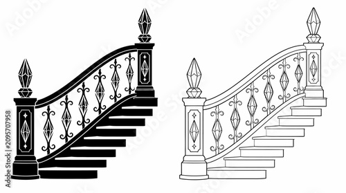 Elegant staircase with ornate railings in black and white silhouette