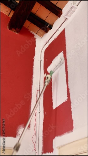 Person painting a red wall white with a paint roller