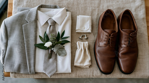 Minimalist studio shot of a groom's flat lay detail: folded suit jacket, silk tie, boutonniere, cufflinks, and polished leather shoes arranged symmetrically on neutral linen from