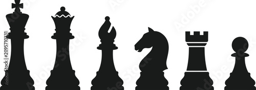 Chess pieces black silhouettes set featuring king queen bishop knight rook and pawn symbols for strategic games vector illustration isolated on white background