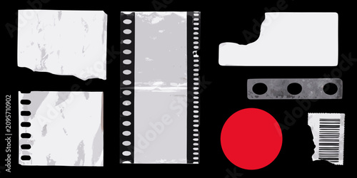 Foto Distressed film strips and paper fragments with a red oval vector illustration