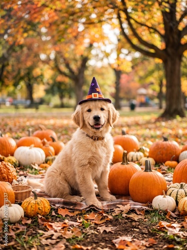 A cute Golden Retriever puppy wearing a witch hat sits amongst numerous orange and white pumpkins on a bed of vibrant autumn leaves in a park with golden trees during fall.