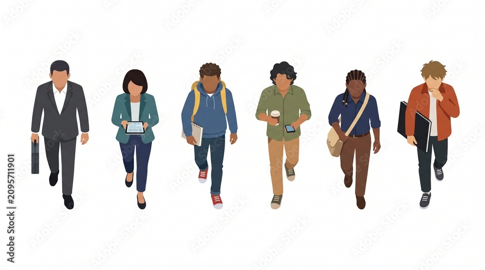 Fototapeta premium Isometric group of diverse people standing in a circle, representing a teamwork concept