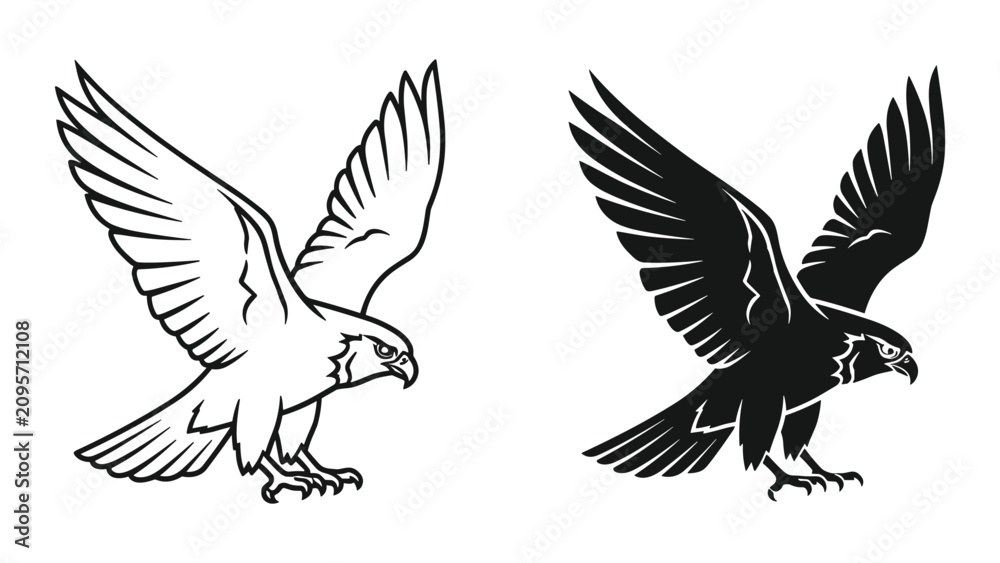 Fototapeta premium Falcon or hawk bird in flight, vector illustration of a predatory bird landing with wings spread, mascot logo design element