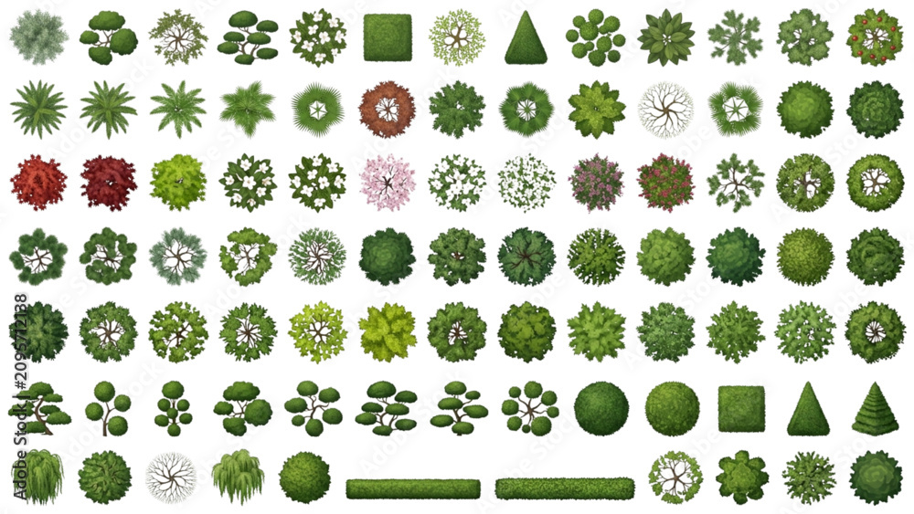 Fototapeta premium Top View Architectural Green Trees and Landscape Plants Vector Set for Plans