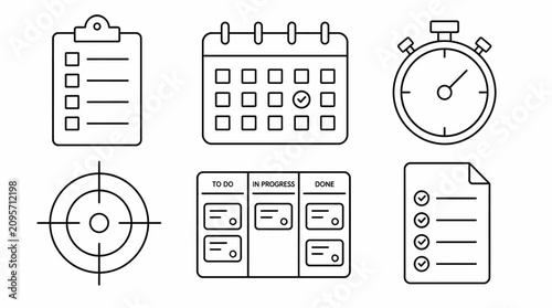Set of project management and productivity icons, minimalist line style