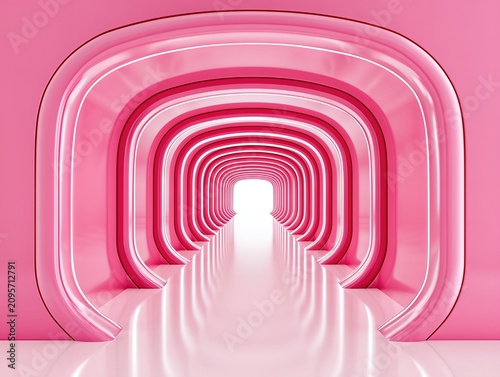 Futuristic Pink Tunnel With Arches And Bright Light At End, Modern Abstract Architectural Background For Digital Concepts