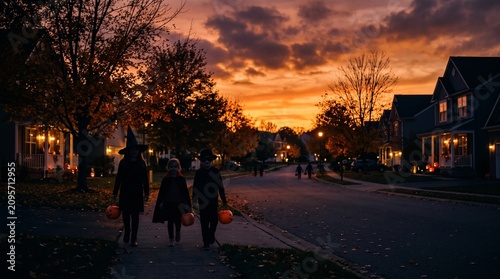 Three children in Halloween costumes walking down a suburban street at dusk with a beautiful orange and purple sunset sky in the background during trick-or-treating
