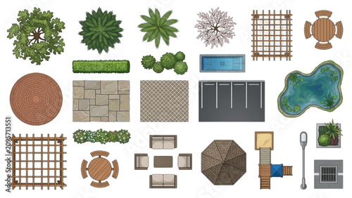 Top View Architectural Garden Pergolas and Patio Elements Vector Set
