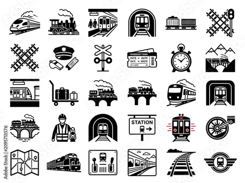 Train Icons Set: Modern and Vintage Locomotives, Stations, and Rails