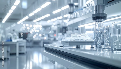 Modern pharmaceutical laboratory with advanced equipment and glassware.