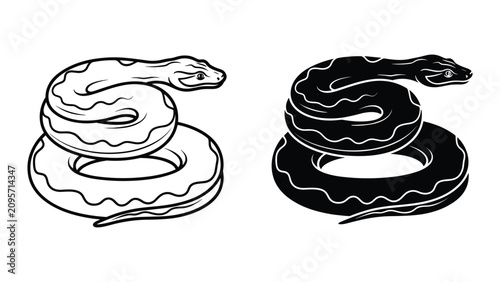 Foto Set of coiled snakes, black and white vector illustration, isolated on white bac
