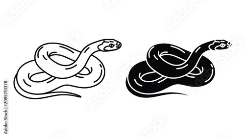 Bild auf Leinwand Set of two snakes, line art and silhouette style, vector illustration isolated o
