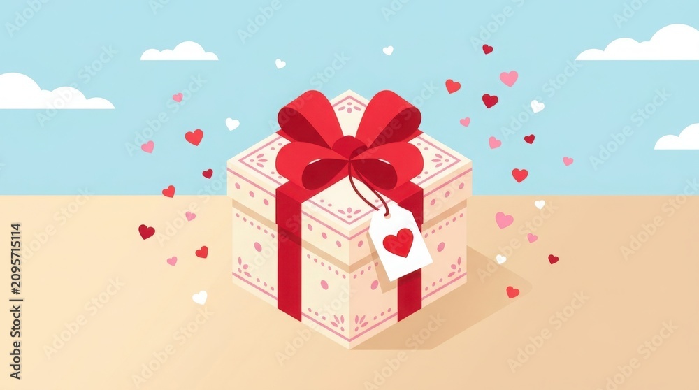 Obraz premium Valentine's day gift box with red bow and heart tag