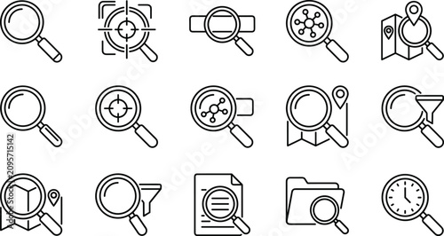 Search Optimization and Business Discovery Line Icon Set Featuring Magnifying Glasses, Target Focus Crosshairs, Map Navigation Pins, Data Filters, and Analysis Symbols