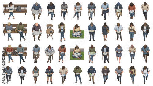Top View Architectural People Standing and Reading Vector Set for Plan Renderings