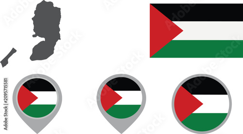 Palestine National Flag and Country Map Vector Set Featuring Round Navigation Map Pins, Circular Badges, and Location Marker Icons for Geographic Designs