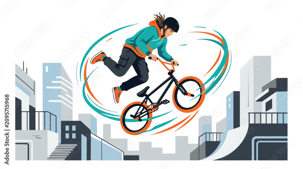 Obraz premium A stylized illustration of a young bmx cyclist performing a high jump stunt.