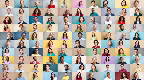 Collage of diverse business portraits in colorful grid layout for stock use