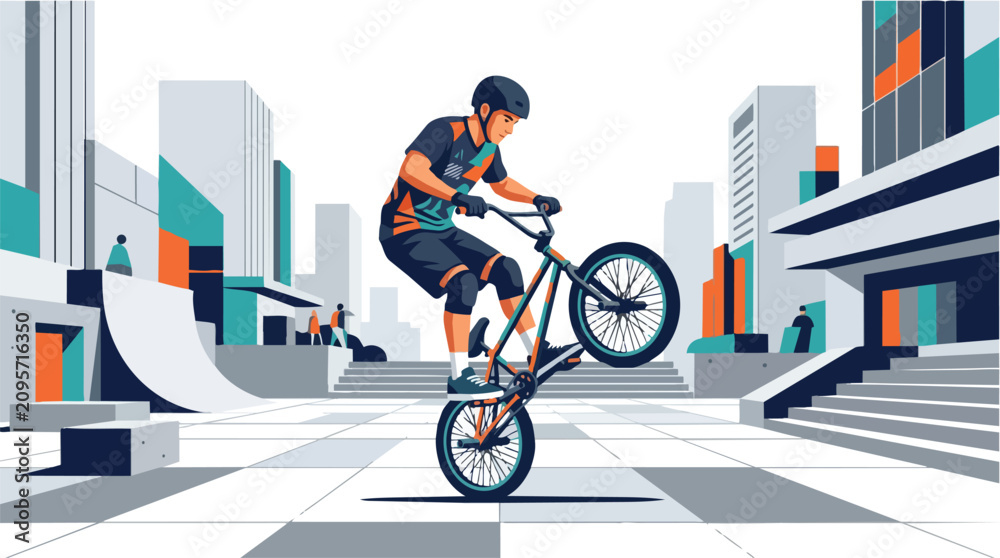 Obraz premium A BMX cyclist performing a wheelie trick in a modern urban skate park.