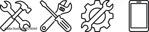 Mobile Phone Repair and Technical Support Line Icon Set Featuring Crossed Spanners Hammers Screwdrivers and Gears for Digital Hardware Maintenance Designs