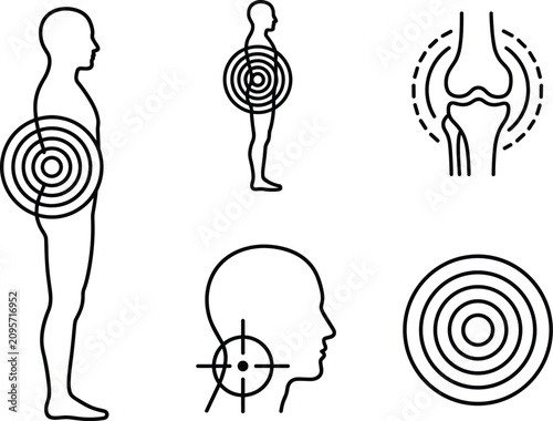 Human Body Pain and Joint Inflammation Line Icon Set Featuring Backbone Ache, Neck Injury Targets, and Knee Bone Symbols for Medical Healthcare Designs