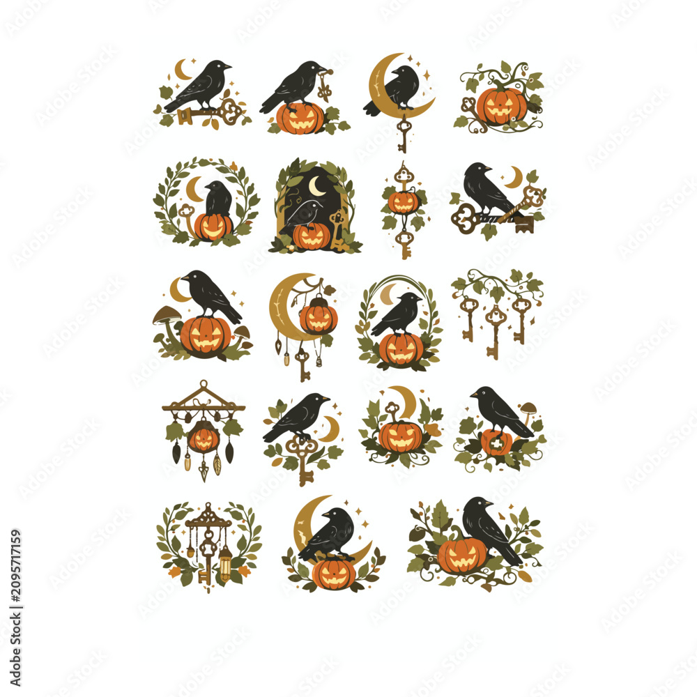 Fototapeta premium Vintage Halloween and Spooky Gothic Illustration Elements Vector Set