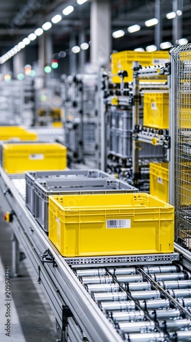 Kanban system in action with neatly stacked totes and racks for timely supply to assembly lines enhancing lean manufacturing flow.