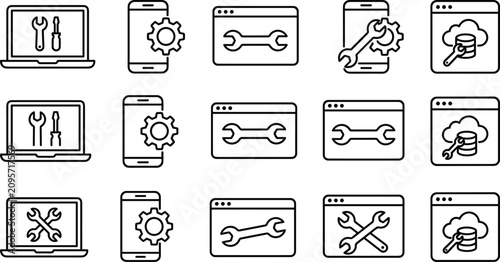 Technical Support and Web Development Line Icon Set Featuring Laptops Smartphones Browsers and Cloud Databases with Wrenches and Gears for IT Maintenance Designs