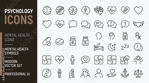 Foto Psychology icons and mental health symbols, modern vector set for professional U