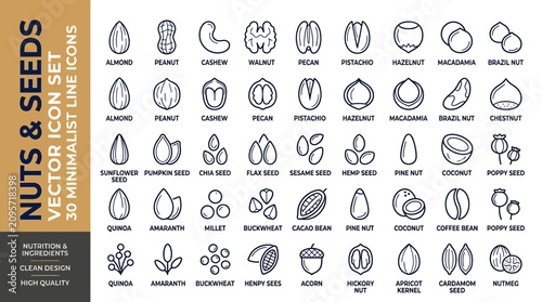 Foto Minimalist nuts and seeds vector icon set, 30 minimalist line icons for nutritio
