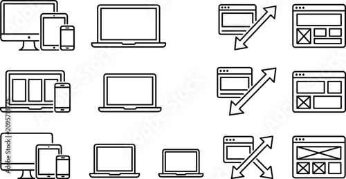 Responsive Web Design and UI UX Line Icon Set Featuring Multi Device Wireframes Desktop Monitor Laptop Tablet Smartphone and Browser Window Scale Symbols
