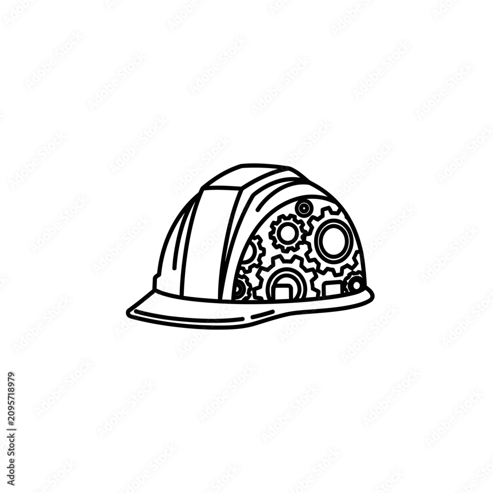 Fototapeta premium Line art construction hard hat with internal mechanical gears