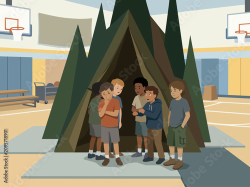Canvastavla A group of apprehensive kids huddle around a large tent in a school gymnasium