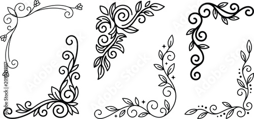 Φωτογραφία A assortment of sophisticated black ink hand drawn floral corner decorations for vintage invitations or artistic page frame designs